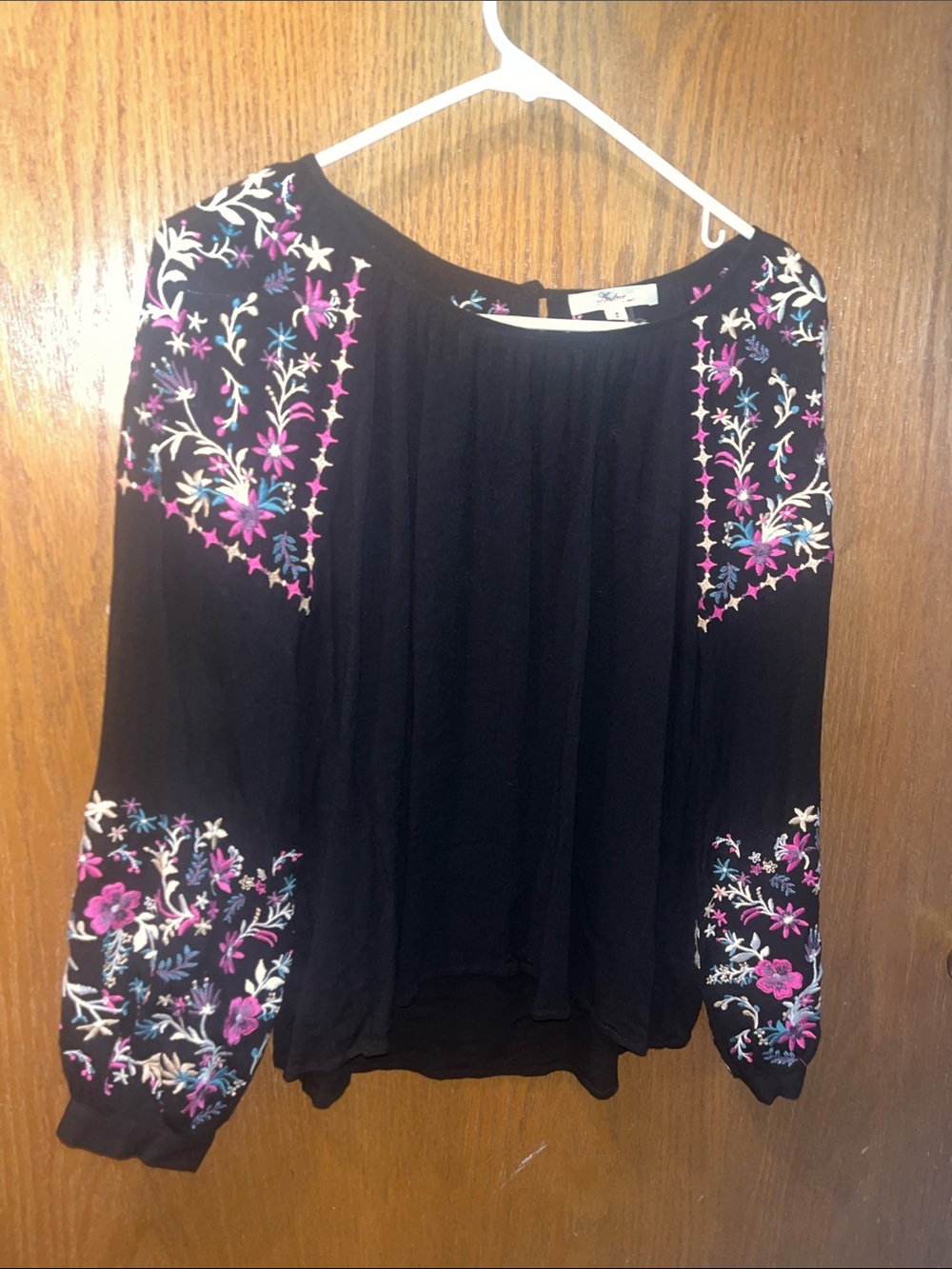 Andree Black Tunic Top with Pink and Cream Floral Embroidery